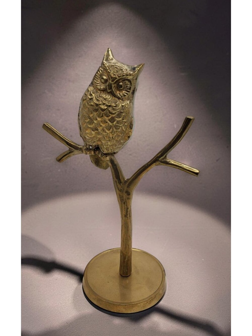 Vintage Brass Statue of Horned Owl Perched on Tree Limb, 9.25" tall